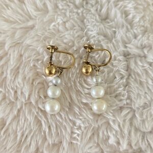 Elegant Gold and Three-Pearl Drop Earrings